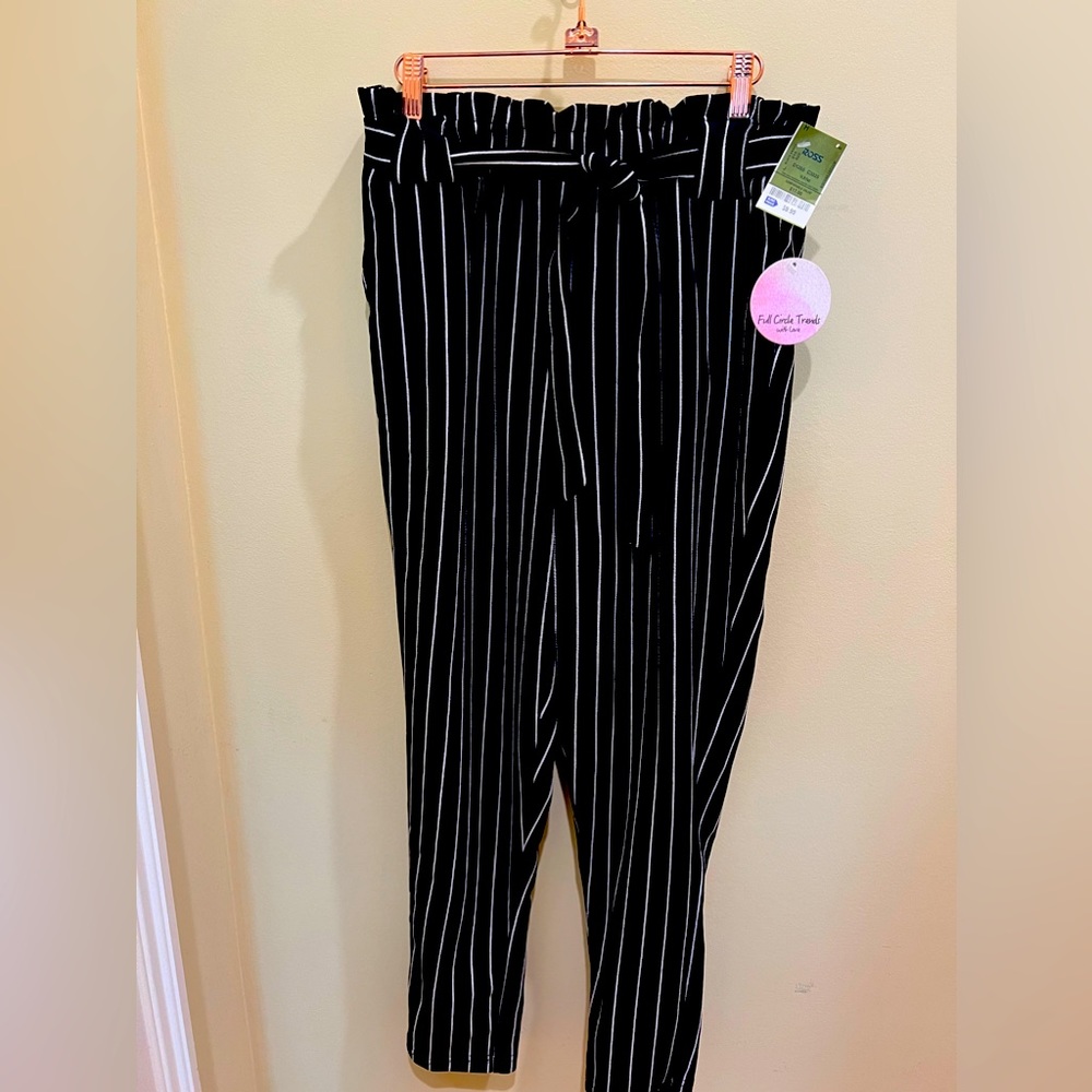 Black and white striped paper bag pants